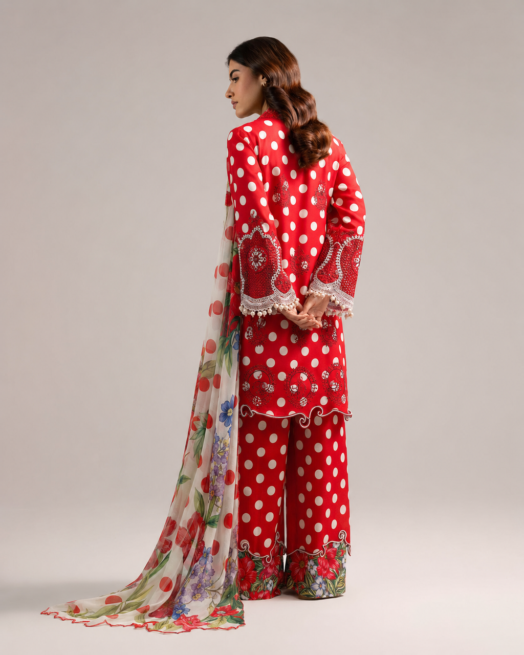 Maria.B Crimson Polka Dot – Embroidered Suit with Chiffon Dupatta