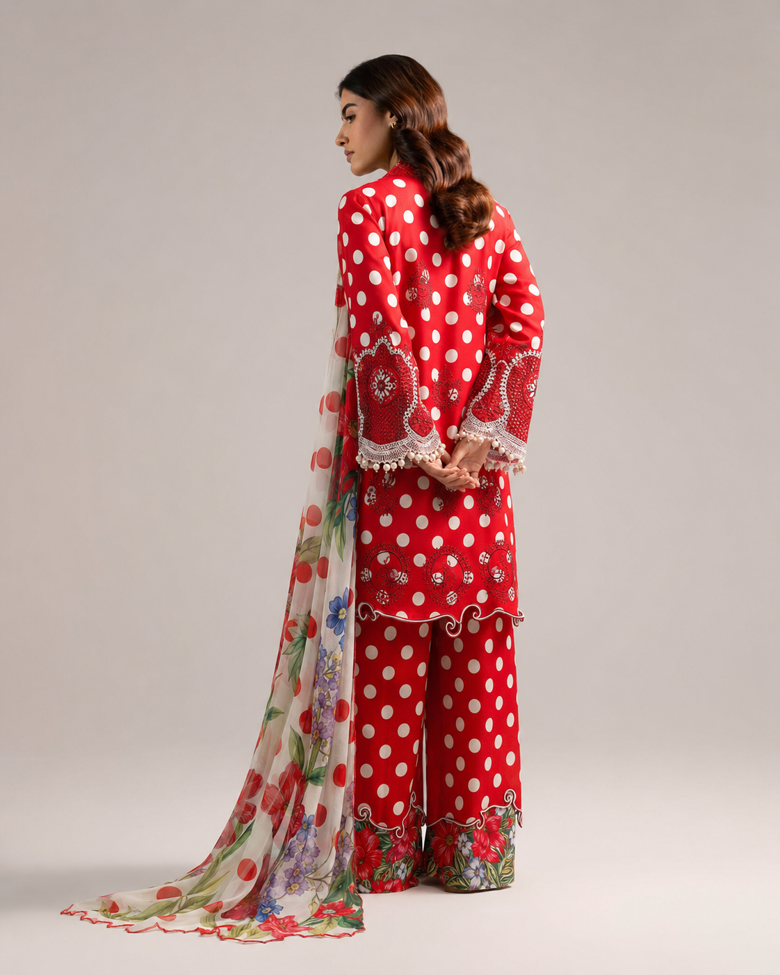 Maria.B Crimson Polka Dot – Embroidered Suit with Chiffon Dupatta