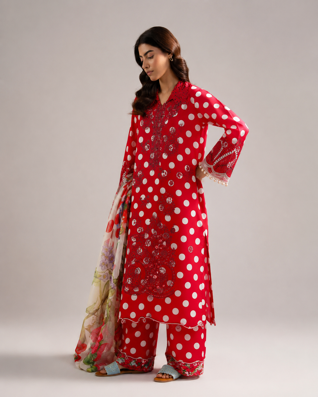 Maria.B Crimson Polka Dot – Embroidered Suit with Chiffon Dupatta