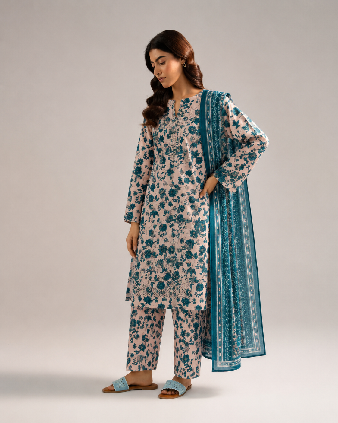 Aneela's Teal Flora – Embroidered Suit with Chiffon Dupatta