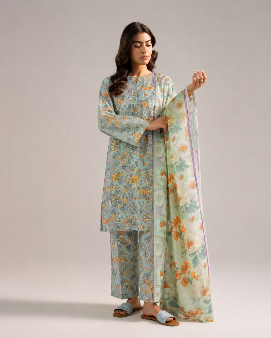 Maria.B Mint Apricot Flora – Premium Sequins Embroidered 3-Piece | Ijlaal