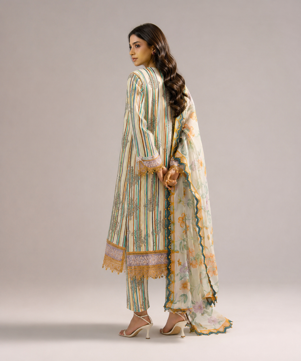 Maria.B Citrus Stripe – Premium Sequins Embroidered 3-Piece | Ijlaal