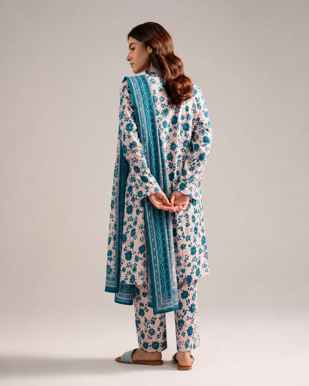 Aneela's Teal Flora – Embroidered Suit with Chiffon Dupatta