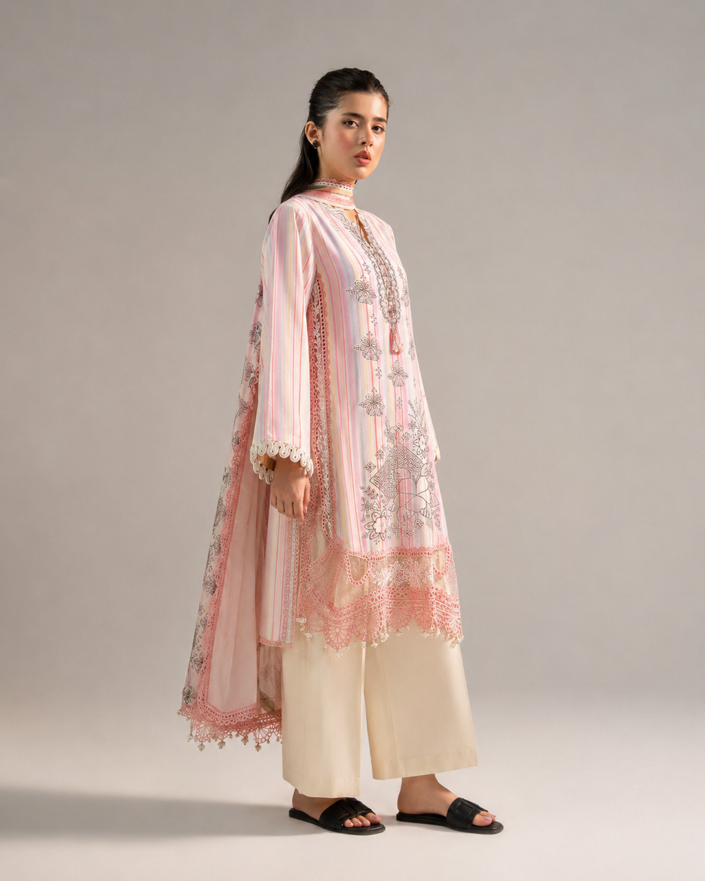 Maria.B Pastel Candy Stripe – Premium Sequins Embroidered 3-Piece | Ijlaal
