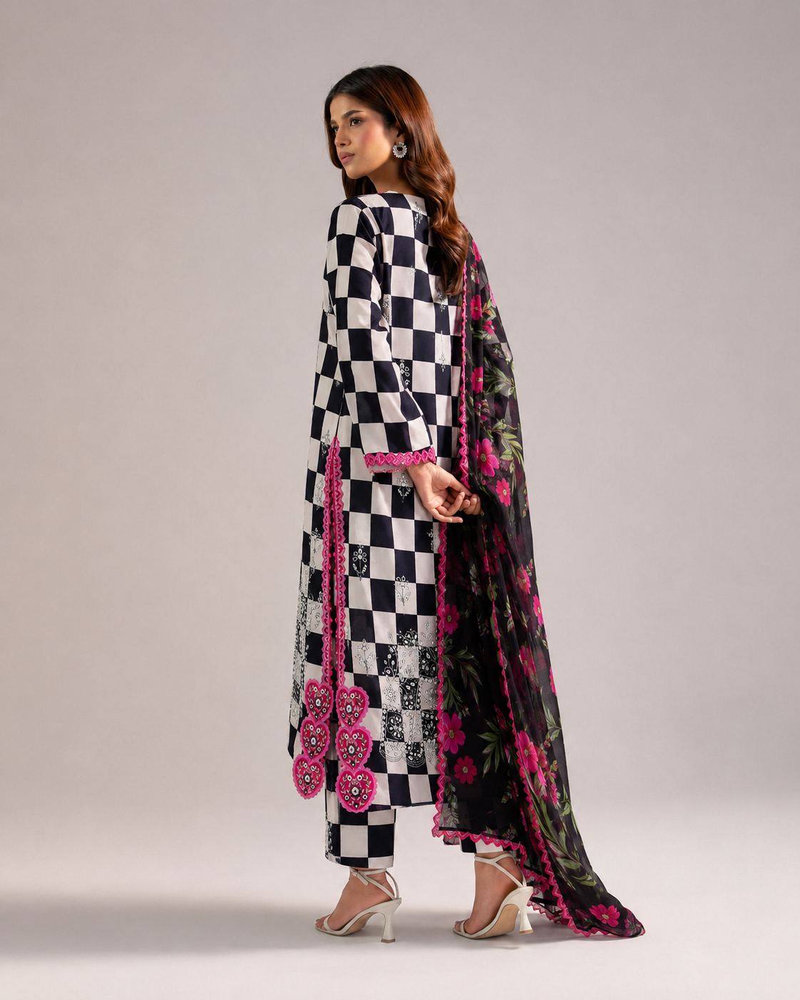 Maria.B Magenta Checkered – Laser Cutwork Suit with Chiffon Dupatta