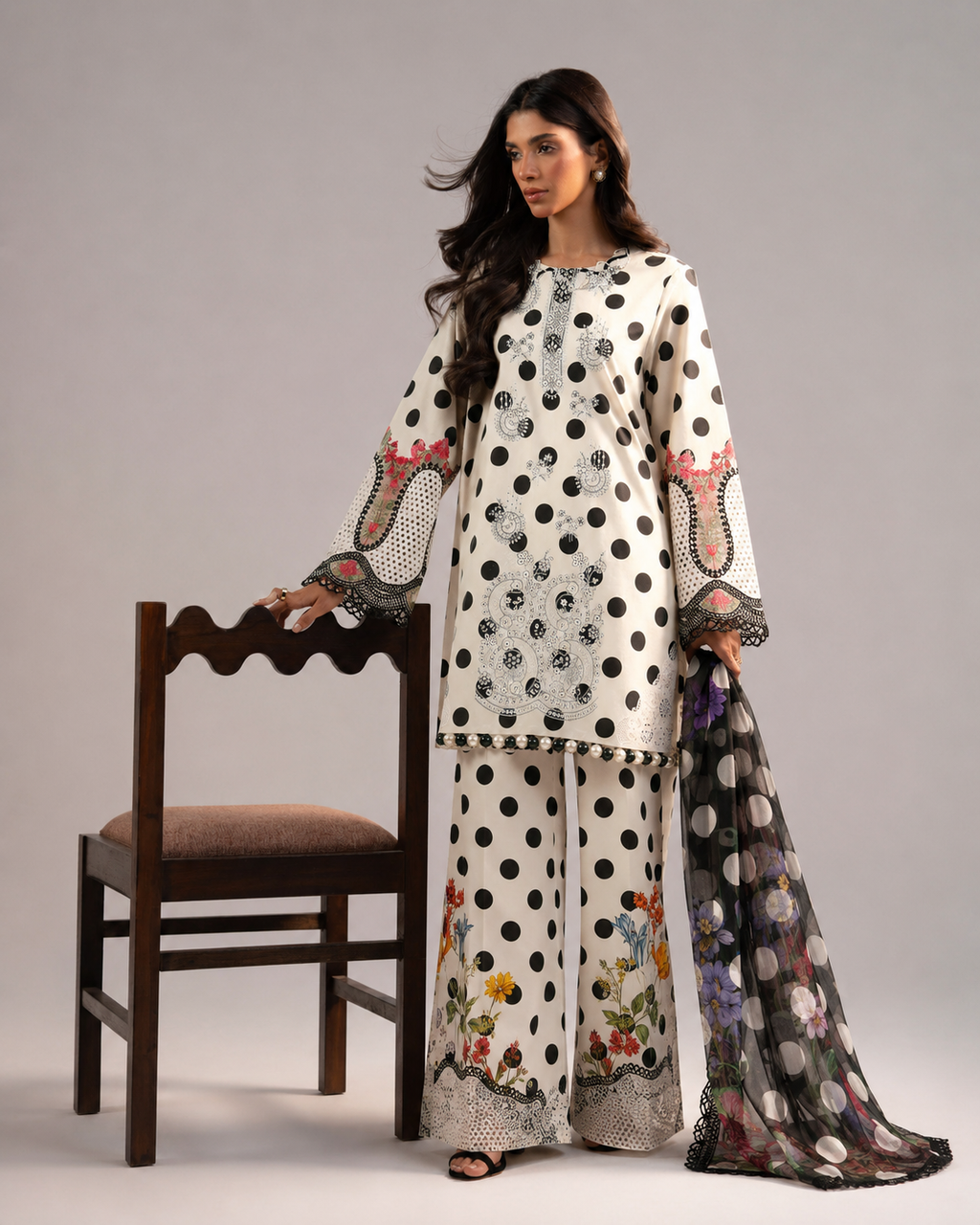 Maria.B Onyx Polka – Embroidered Suit with Chiffon Dupatta