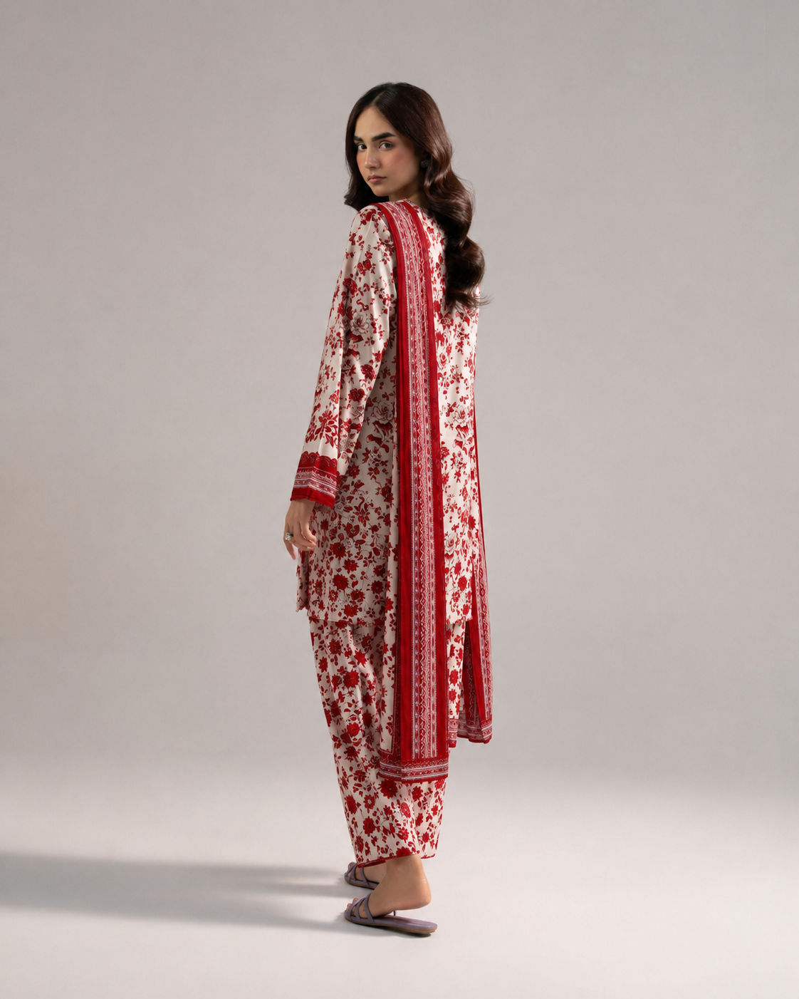Aneela's Scarlet Bloom – Embroidered Suit with Chiffon Dupatta