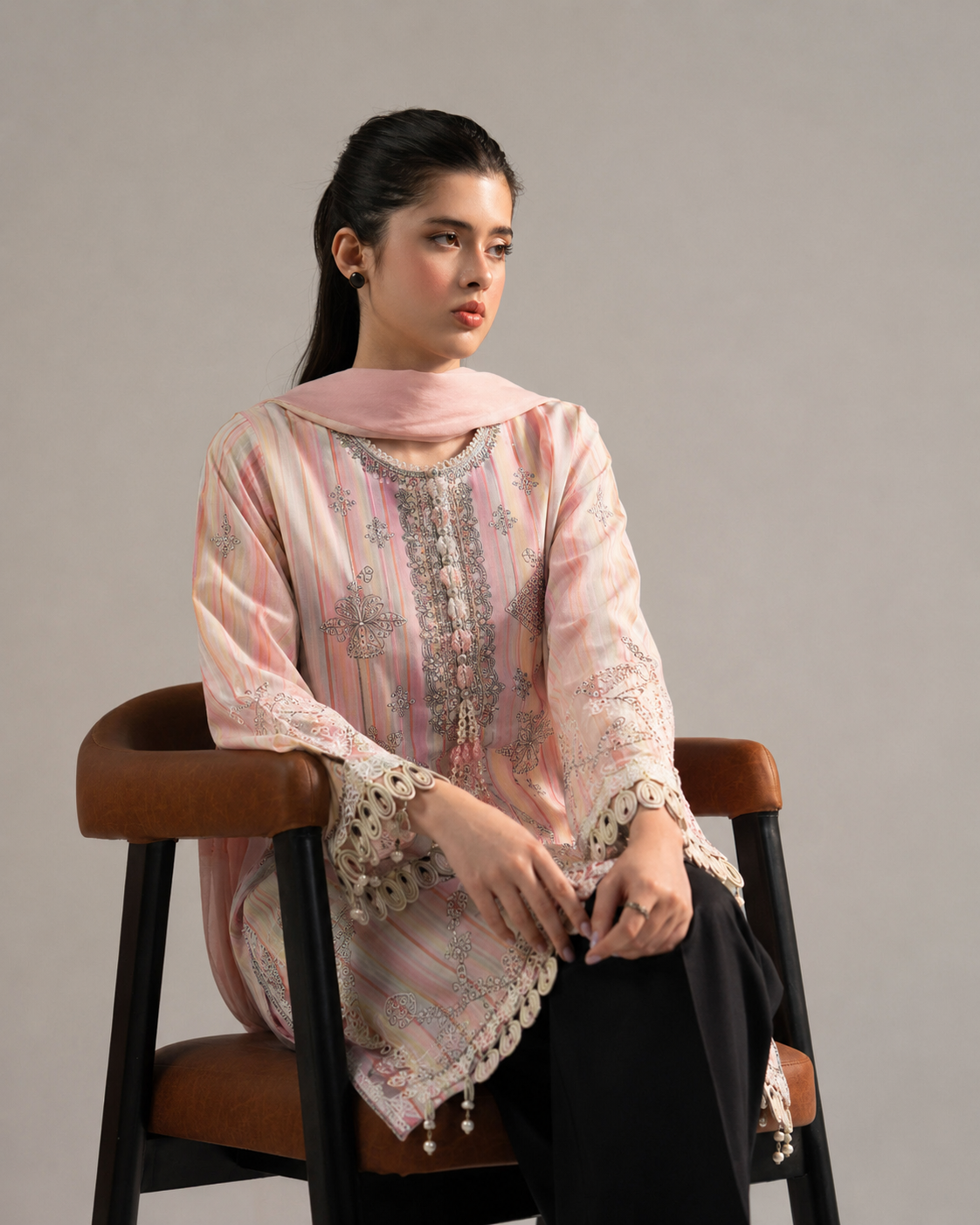 Maria.B Pastel Candy Stripe – Premium Sequins Embroidered 3-Piece | Ijlaal