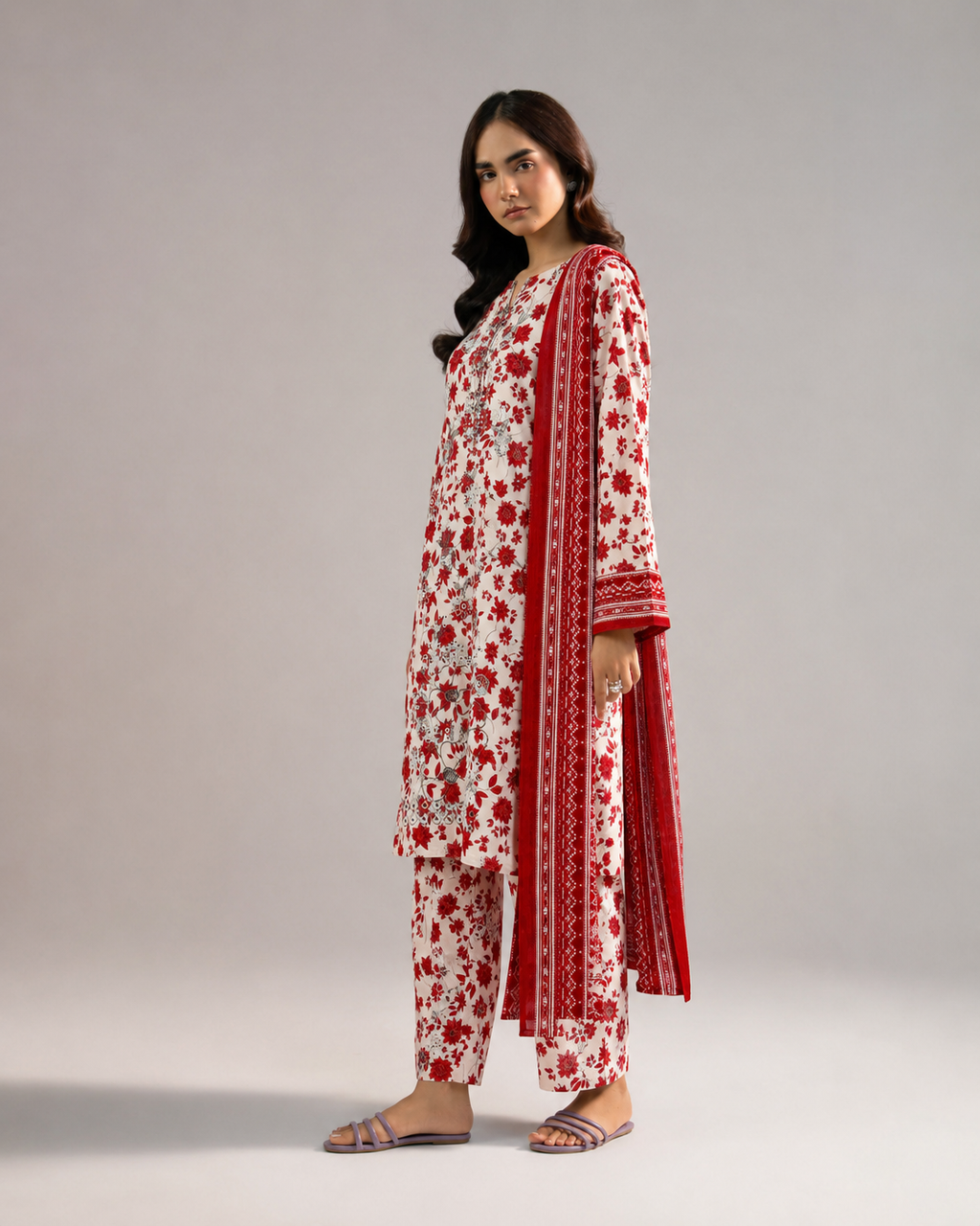 Aneela's Scarlet Bloom – Embroidered Suit with Chiffon Dupatta