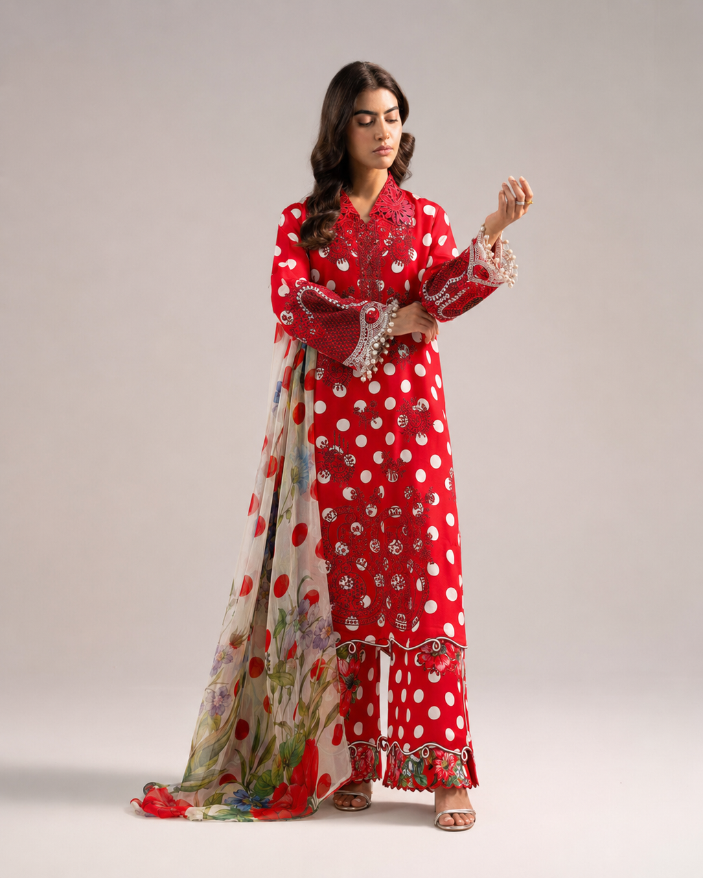 Maria.B Crimson Polka Dot – Embroidered Suit with Chiffon Dupatta