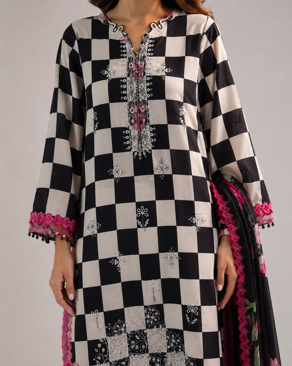 Maria.B Magenta Checkered – Laser Cutwork Suit with Chiffon Dupatta