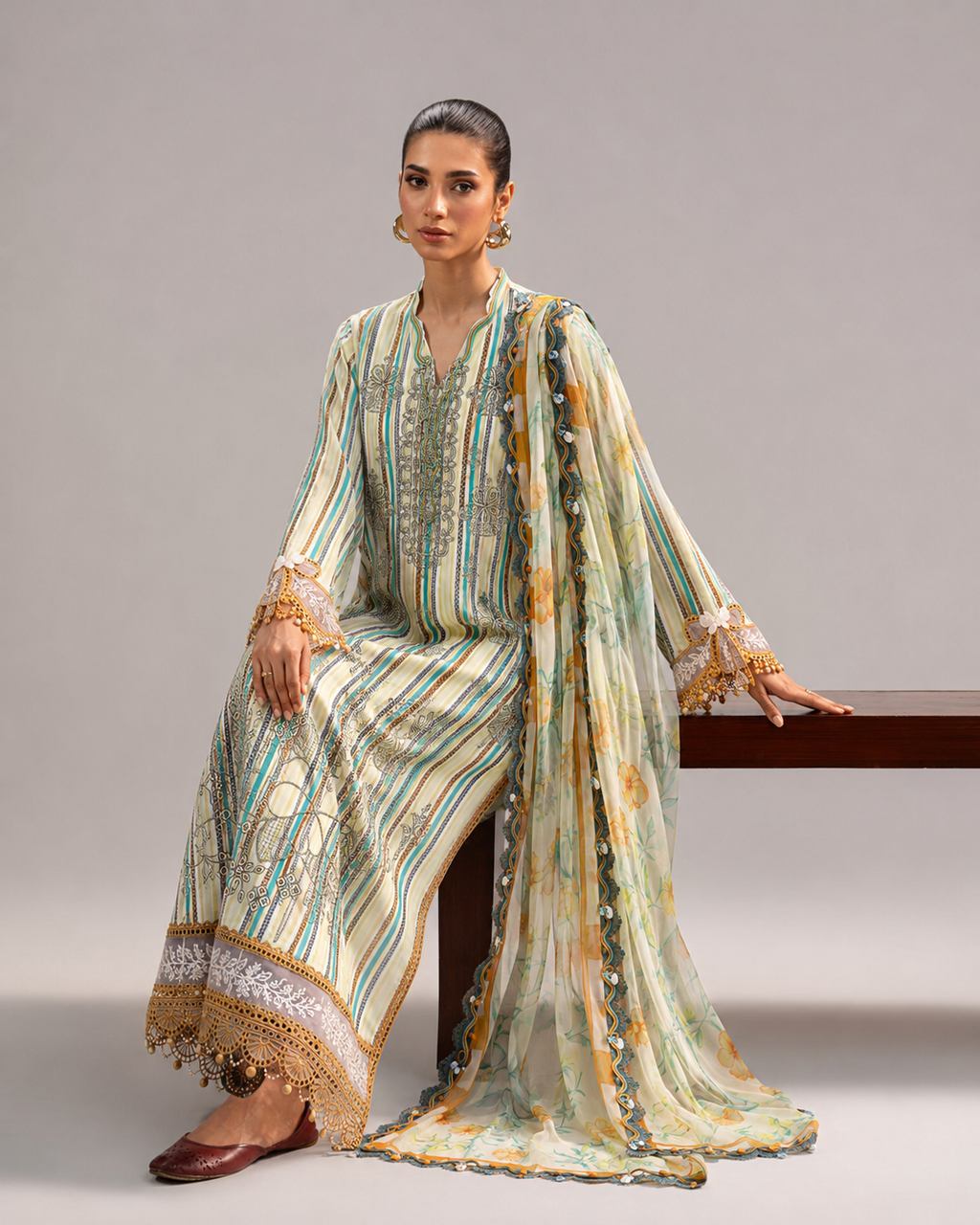Maria.B Citrus Stripe – Premium Sequins Embroidered 3-Piece | Ijlaal