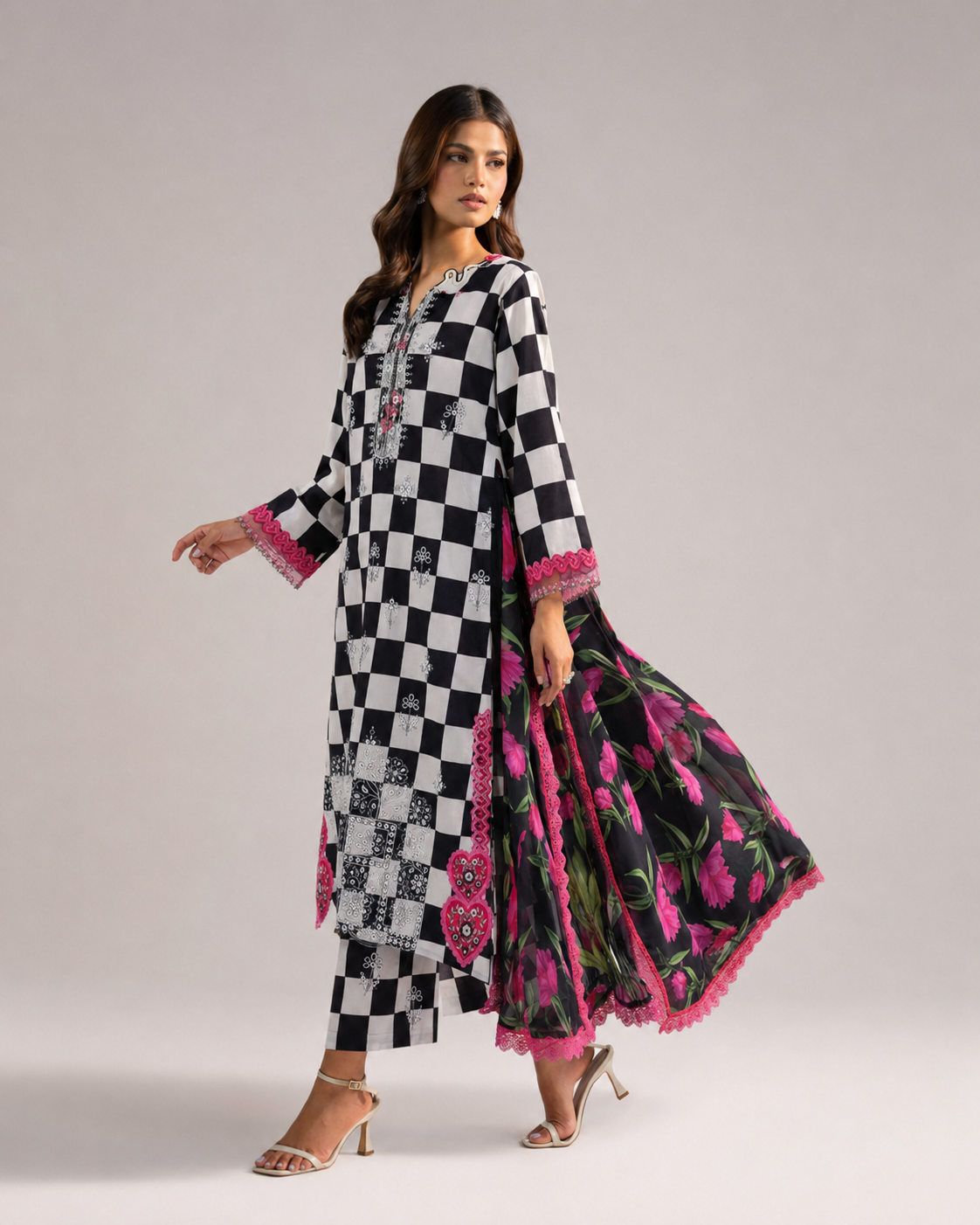 Maria.B Magenta Checkered – Laser Cutwork Suit with Chiffon Dupatta