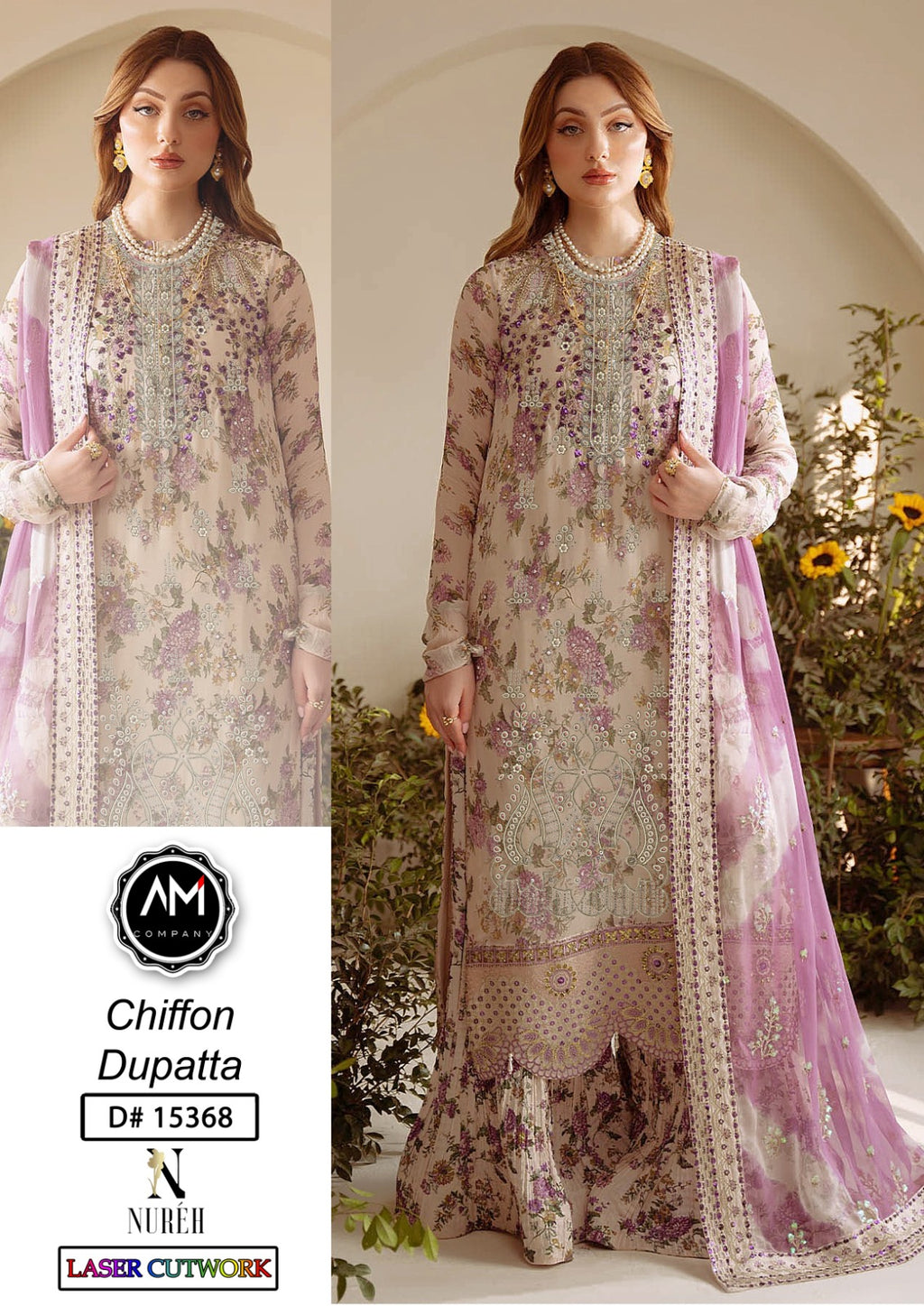 Embroidered 3 piece suite chiffon Dupatta