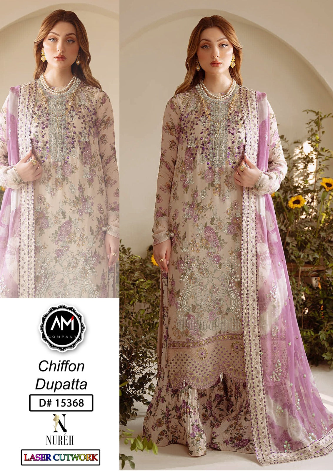 Embroidered 3 piece suite chiffon Dupatta