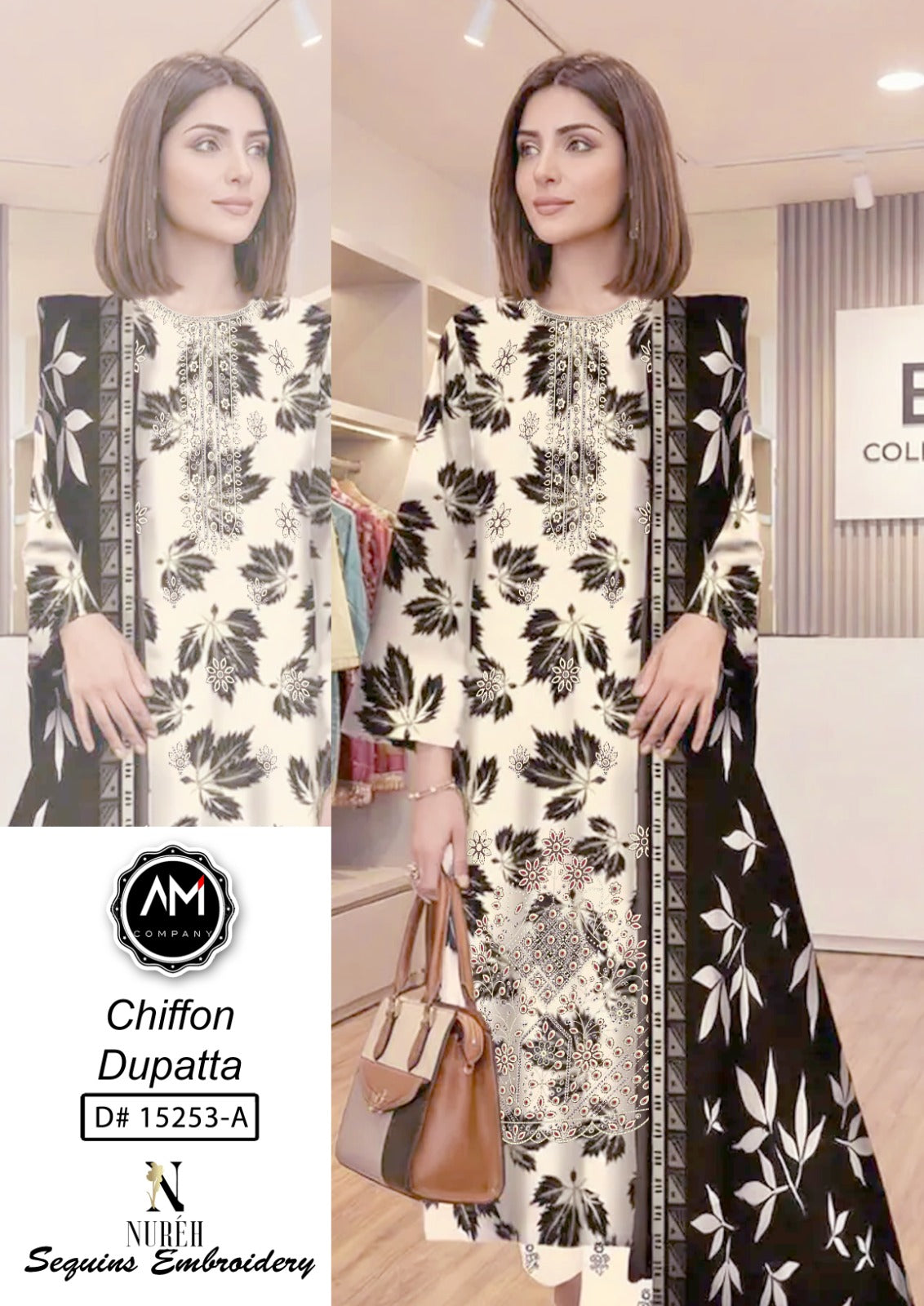Embroidered 3 piece suite chiffon Dupatta