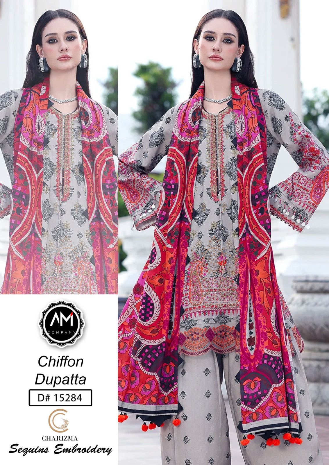 Embroidered 3 piece suite chiffon Dupatta