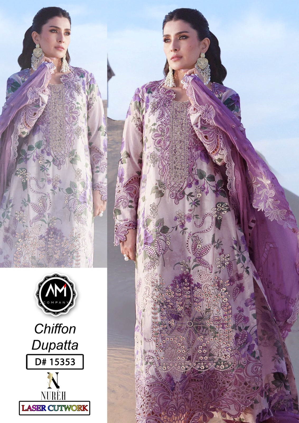 Embroidered 3 piece suite chiffon Dupatta