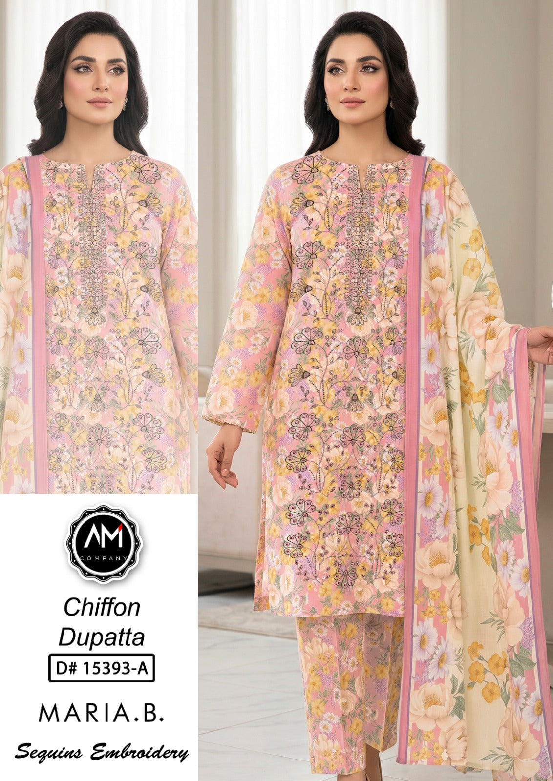 Embroidered 3 piece suite chiffon Dupatta