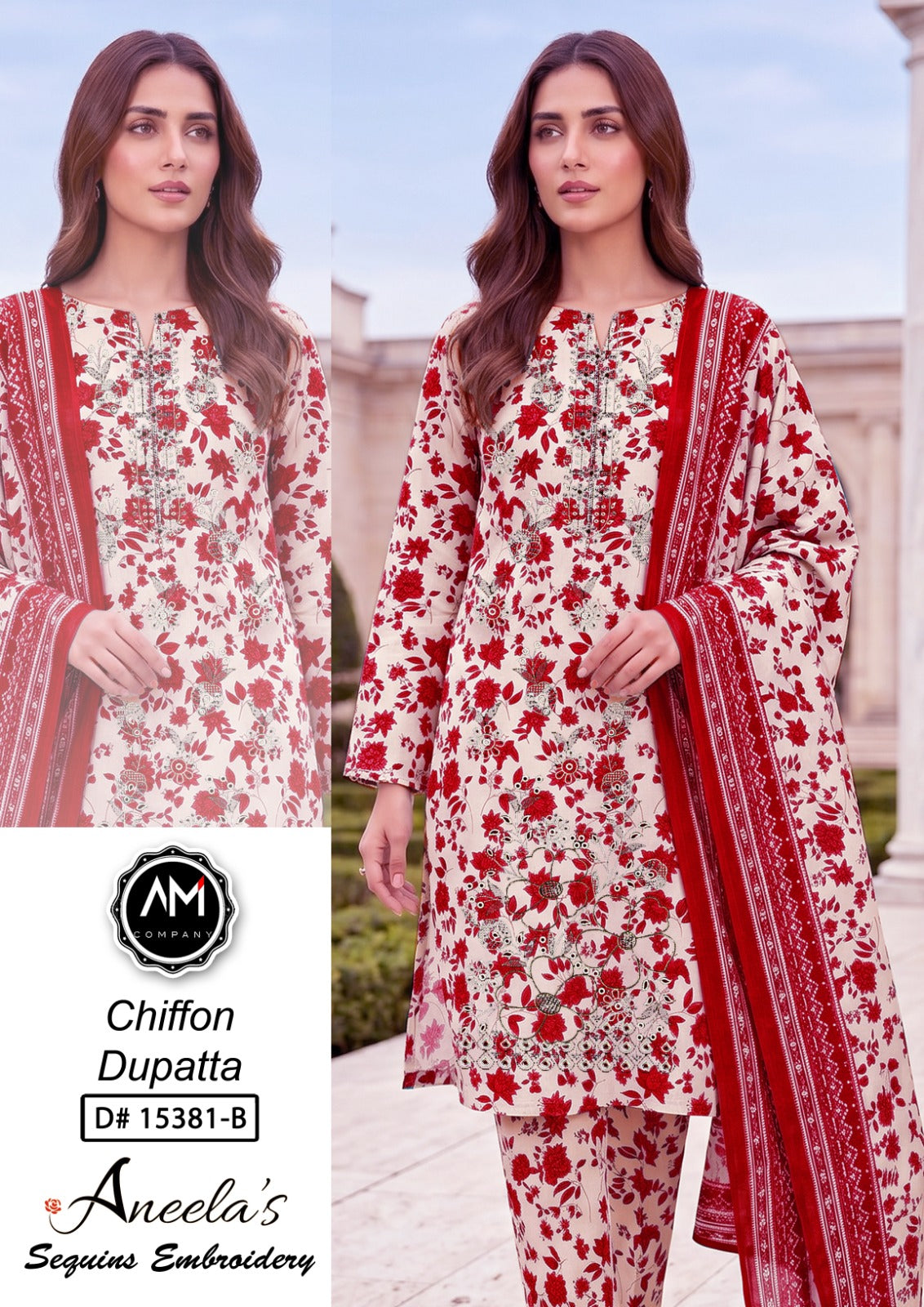Embroidered 3 piece suite chiffon Dupatta