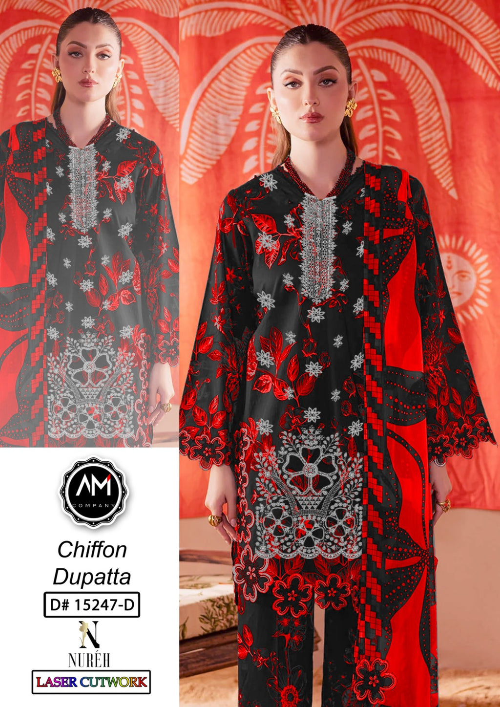 Embroidered 3 piece suite chiffon Dupatta