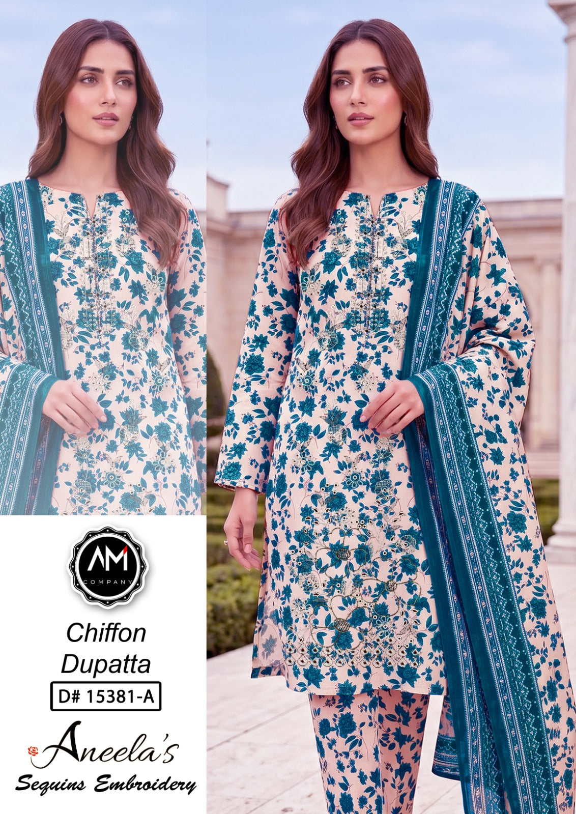 Embroidered 3 piece suite chiffon Dupatta