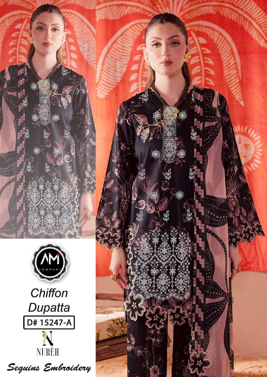 Embroidered 3 piece suite chiffon Dupatta
