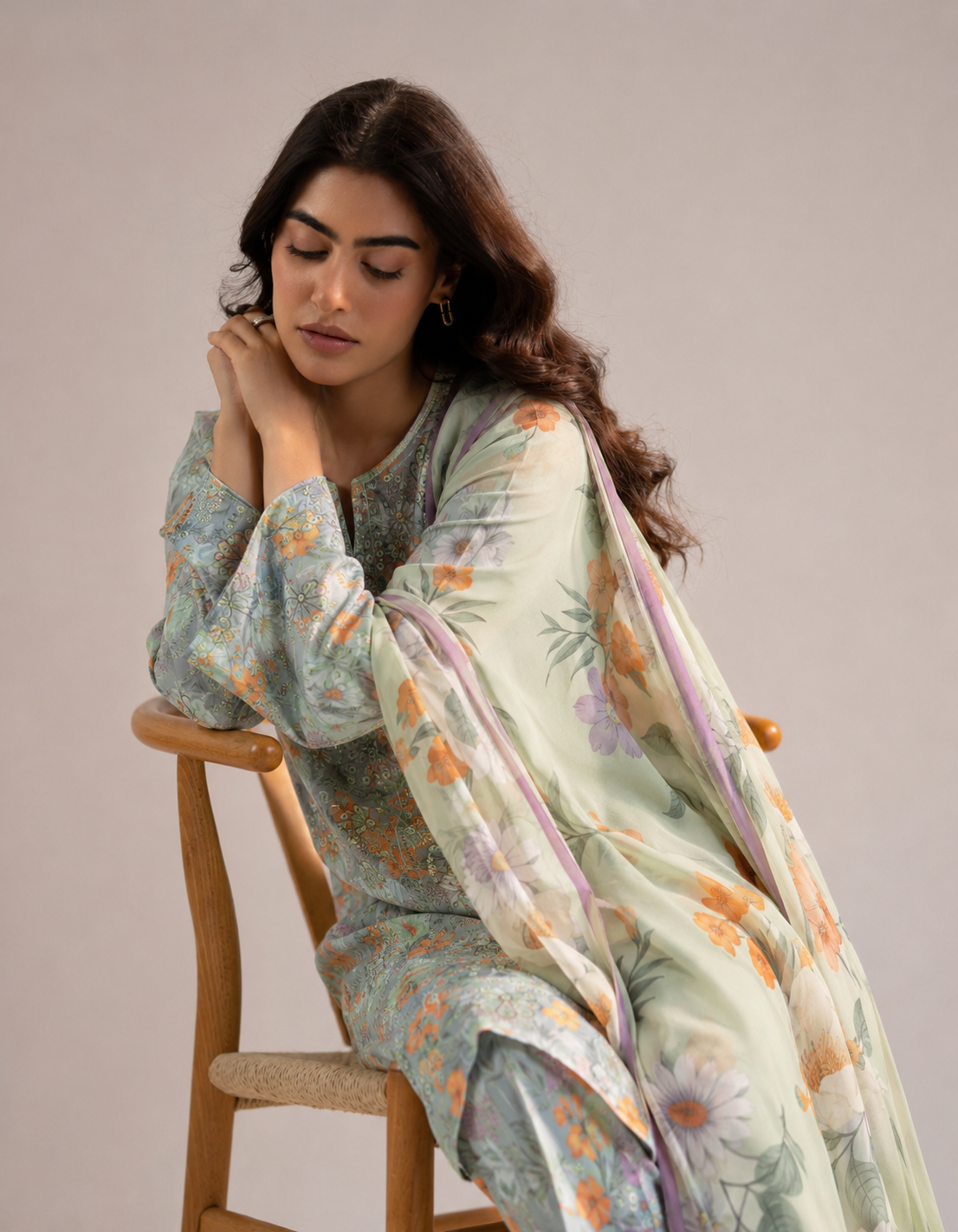 Maria.B Mint Apricot Flora – Premium Sequins Embroidered 3-Piece | Ijlaal