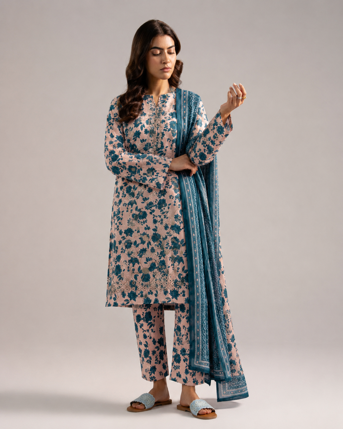 Aneela's Teal Flora – Embroidered Suit with Chiffon Dupatta