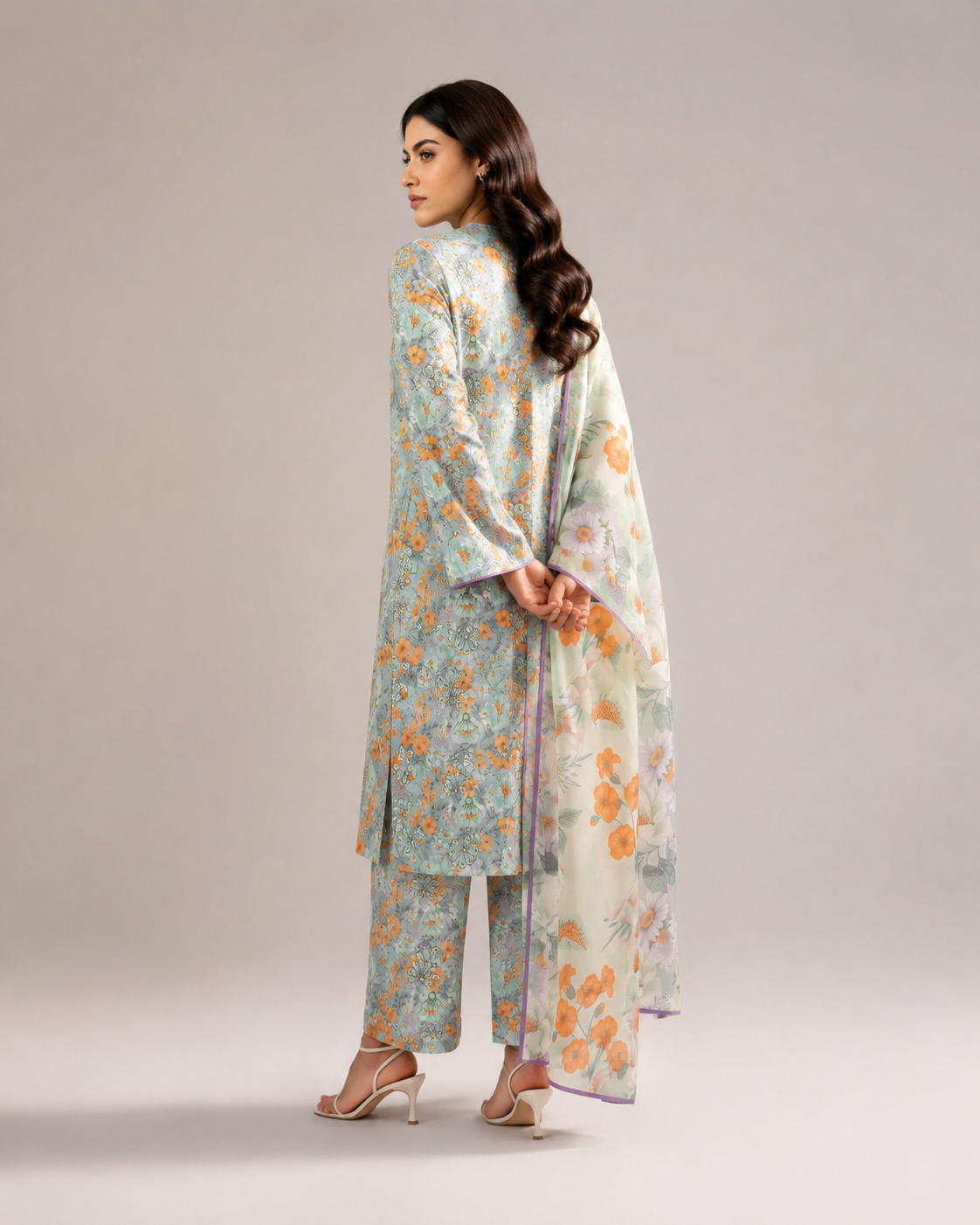 Maria.B Mint Apricot Flora – Premium Sequins Embroidered 3-Piece | Ijlaal