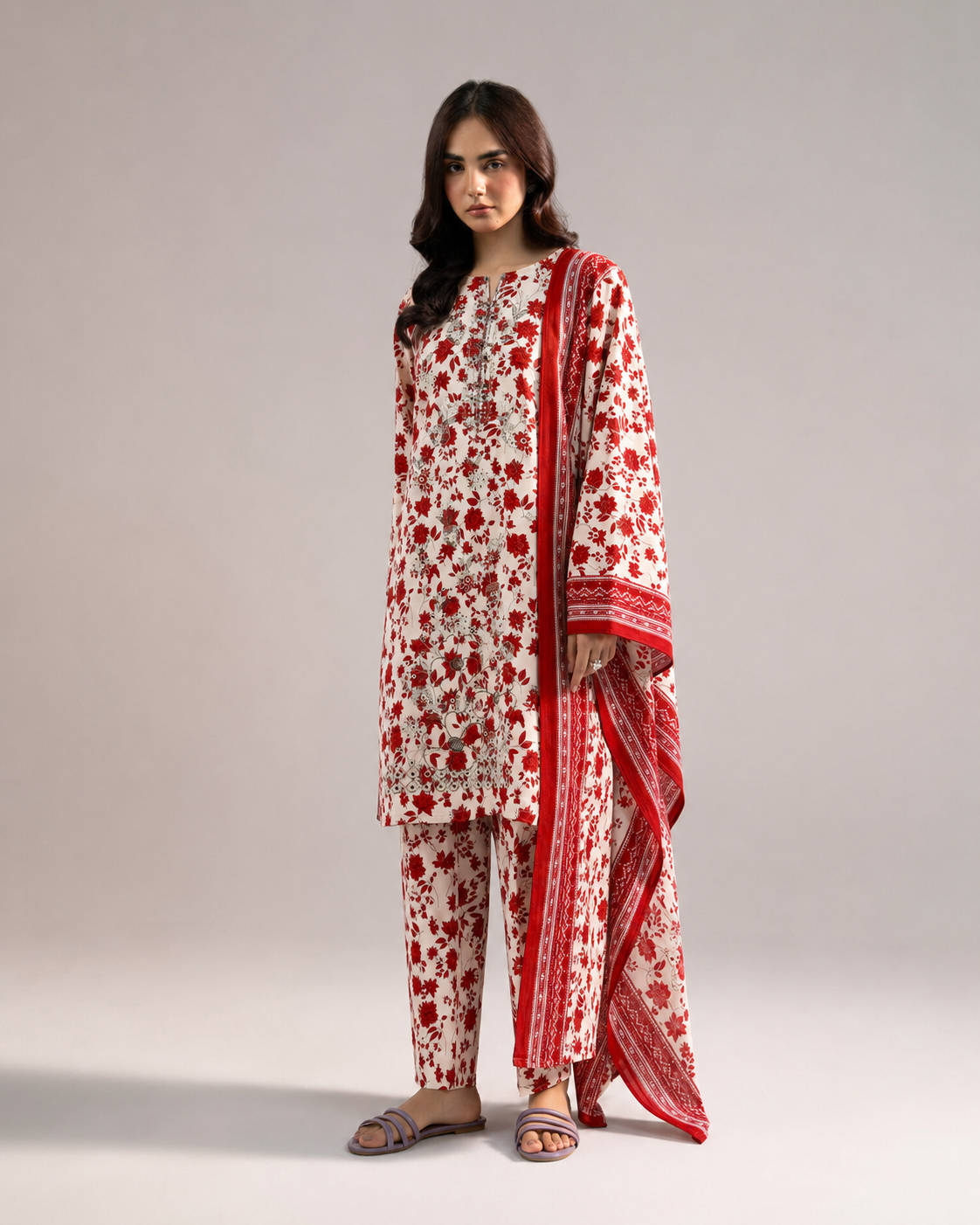Aneela's Scarlet Bloom – Embroidered Suit with Chiffon Dupatta