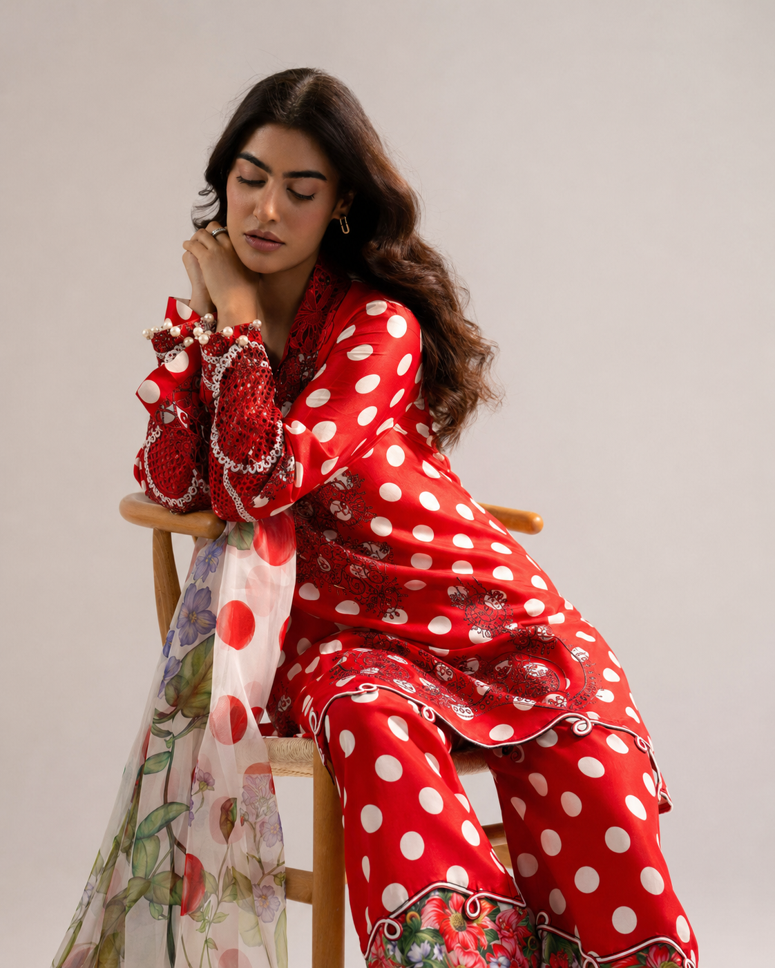 Maria.B Crimson Polka Dot – Embroidered Suit with Chiffon Dupatta