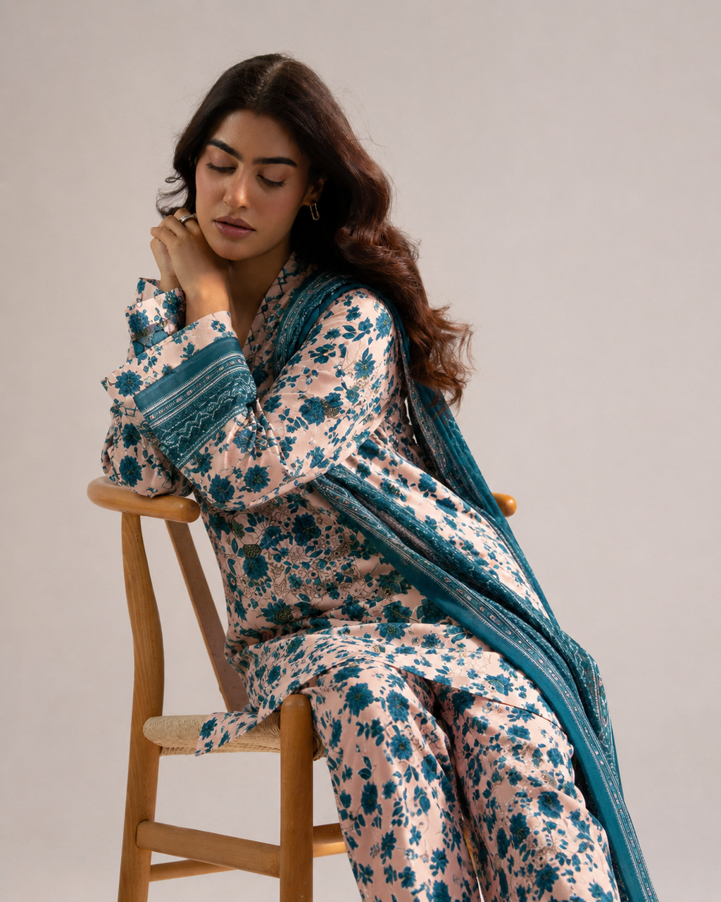 Aneela's Teal Flora – Embroidered Suit with Chiffon Dupatta