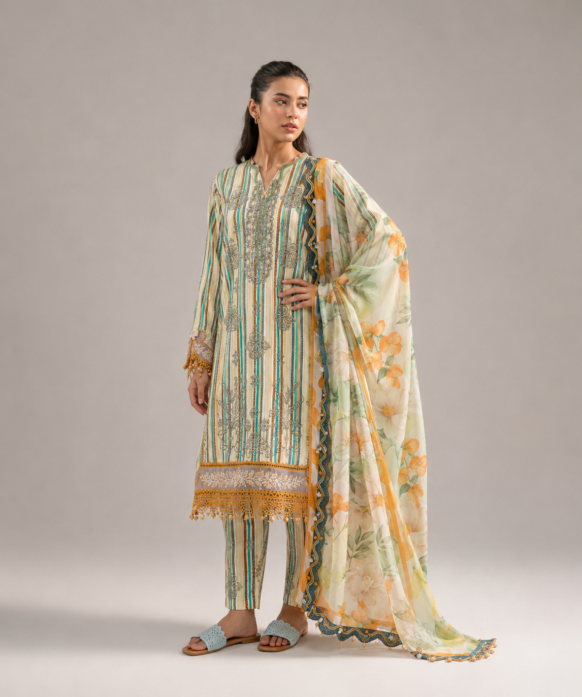 Maria.B Citrus Stripe – Premium Sequins Embroidered 3-Piece | Ijlaal